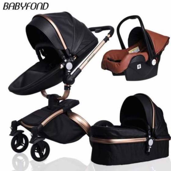 Free ship! Babyfond 3 in 1 baby stroller 360 degree rotate Carriage gold frame PU Pram EU safety Car Seat with Bassinet newborn