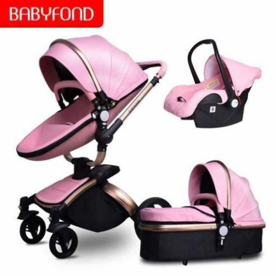 Free ship! Babyfond 3 in 1 baby stroller 360 degree rotate Carriage gold frame PU Pram EU safety Car Seat with Bassinet newborn