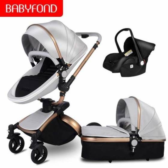 Free ship! Babyfond 3 in 1 baby stroller 360 degree rotate Carriage gold frame PU Pram EU safety Car Seat with Bassinet newborn
