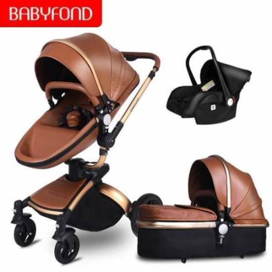 Free ship! Babyfond 3 in 1 baby stroller 360 degree rotate Carriage gold frame PU Pram EU safety Car Seat with Bassinet newborn