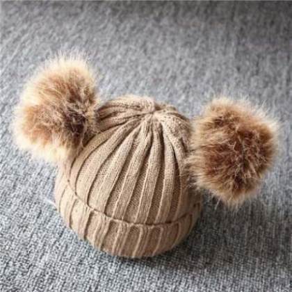 Children Winter Infant Newborn Kids Baby Wool Knitted Hat Cap Beanie With Two Double Pom Pom Beanie For Cute Boys Girl 1-3Years