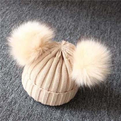 Children Winter Infant Newborn Kids Baby Wool Knitted Hat Cap Beanie With Two Double Pom Pom Beanie For Cute Boys Girl 1-3Years