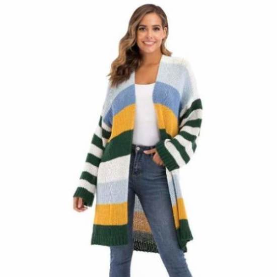 WOMEN'S Winter Coat Warm Cross Border Casual Long Joint Contrast Color Striped Oversize Knitted Sweater Cardigan Patched Outwear