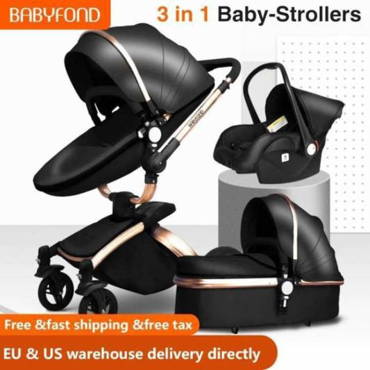 Free ship! Babyfond  3 in 1 baby stroller 360 degree rotate Carriage gold frame PU Pram EU safety Car Seat with Bassinet newborn