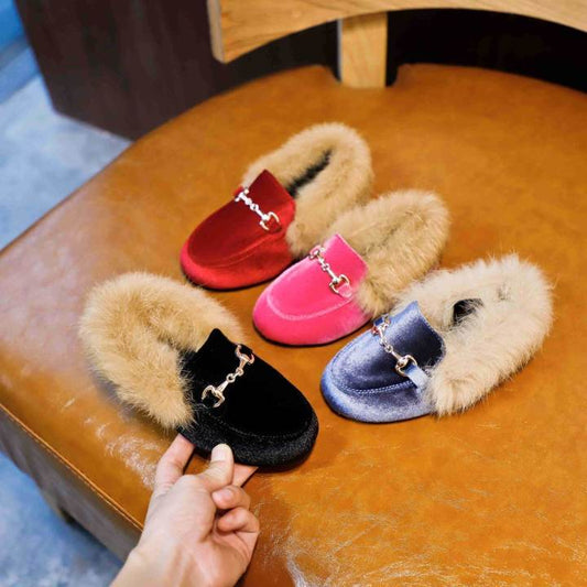 Kids Shoes Winter Warm Boys Girls Fashion Shoe Black Red Fur Flat Slip On Non-slip Kids Shoes Quality Leather New Hot Shoes